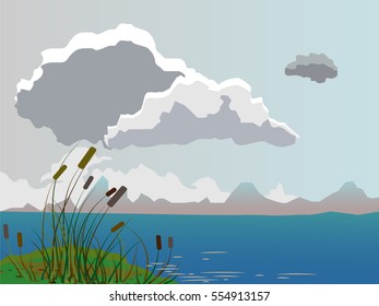 Vector summer landscape. Daytime cloudy landscape. Beautiful colorful background.  Landscape on the background of mountains and river. 