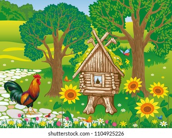 Vector summer landscape with a decorative wooden hut in the meadow and a bright rooster