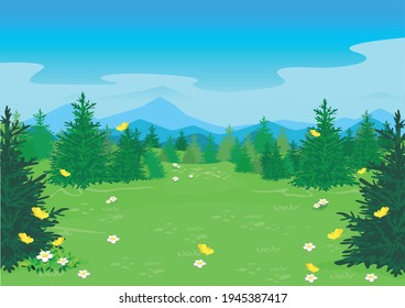 Vector summer landscape of a forest glade with trees, blooming flowers and yellow butterflies.