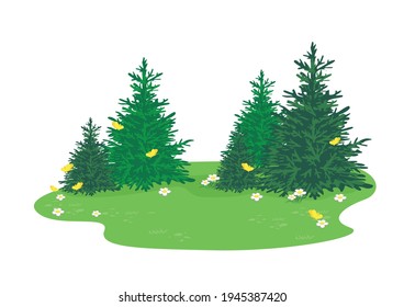 El paisaje vectorial de verano de un bosque de vidrio con árboles, flores florecientes y mariposas amarillas.