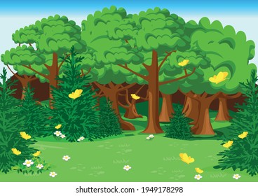 Vector summer landscape of a forest glade with trees, blooming flowers and yellow butterflies.