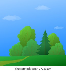 Vector, summer landscape: forest with green trees and the blue sky with white clouds