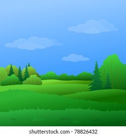 Vector, summer landscape: forest with green trees and the blue sky with white clouds