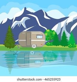 Vector summer landscape with forest, mountains and lake on a blue cloudy sky background