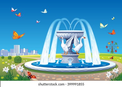 Vector summer landscape with a fountain with sculptures of geese and butterflies flying over the meadow