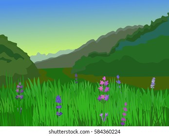 Vector summer landscape. Glade with flowers on a background of mountains. Beautiful background