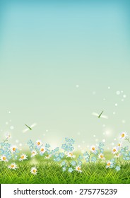 Vector summer landscape with grass, flowers, dragonfly
