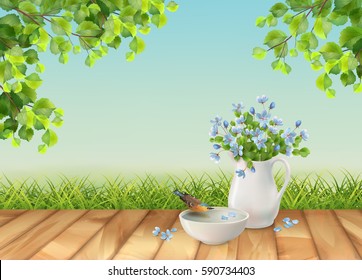 Vector summer landscape with grass, tree branches, bouquet in ceramic jug and bird drinking water from a pottery bowl