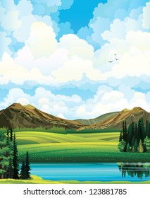 Vector summer landscape with green flowering field, forest, mountains and lake on a blue cloudy sky background.