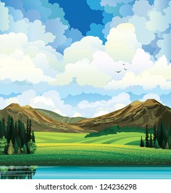 Vector summer landscape with green flowering field, forest, mountains and lake on a blue cloudy sky background with birds.