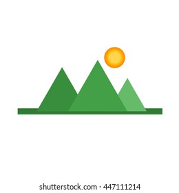 Vector summer landscape with green flowering field, forest, mountains and lake on blue cloudy sky background. Mountains landscape natural outdoor hill scenic. Beautiful travel mountains background.