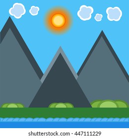 Vector summer landscape with green flowering field, forest, mountains and lake on blue cloudy sky background. Mountains landscape natural outdoor hill scenic. Beautiful travel mountains background.