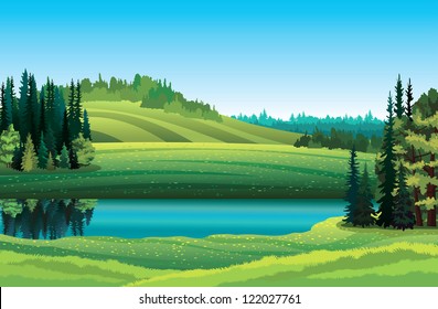 Vector summer landscape with green grass, forest, lake and hill on a blue sky background