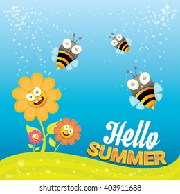 vector summer landscape with green grass, flowers and flying insects. Honey bees collect pollen and nectar