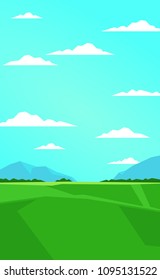 Vector summer landscape illustration. Cartoon style. Field, sky and mountains.