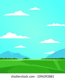 Vector summer landscape illustration. Cartoon style. Field, sky and mountains.