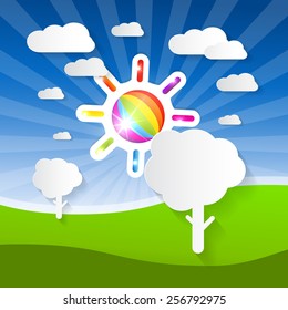 Vector Summer Landscape Illustration with Colorful Sun, Paper Trees and Clouds on Blue Sky and Green Field