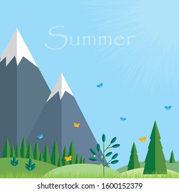 Vector summer landscape with mountain and forest scenery.