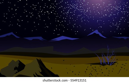 Vector summer landscape. Night landscape. Beautiful background. Landscape on the background fields and mountains. In the sky the stars.