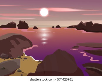 vector summer landscape. Night landscape with the moon in the sky. Landscape mountains in the background.   Beautiful background.