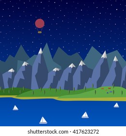 Vector summer landscape. night landscape in the mountains. Solitude in nature by the river. Weekend in the tent. Hiking and camping. Vector flat illustration boats Balloon tent