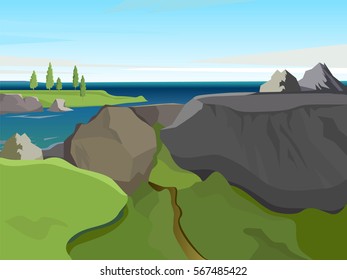 Vector summer landscape. Landscape on the background of sea and mountains. Beautiful background.