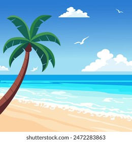 Vector summer landscape with palm tree, ocean and sandy shore in cartoon style.  
