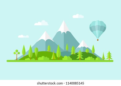 Vector summer landscape. Panorama with mountains of forest, hills and a balloon. Banner in the flat style on the theme of travel and green tourism.