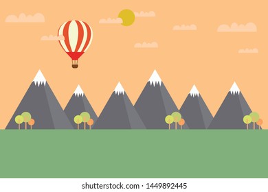 Vector summer landscape. Panorama with mountains of forest, hills and a balloon. Banner in the flat style on the theme