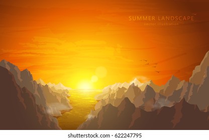 Vector summer landscape. River and mountains at sunset