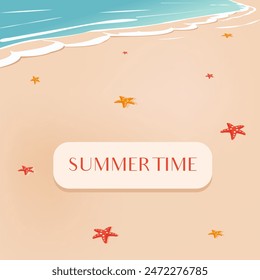 Vektorgrafik Sommerlandschaft der Meeresküste mit Sand und Seestern im Cartoon-Stil. Heller Sommerzeit-Banner. 
