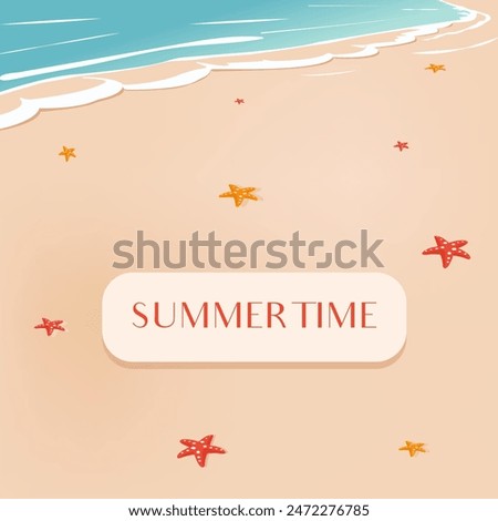 Vector summer landscape of the sea coast with sand and starfish in a cartoon style. Bright summer time banner. 
