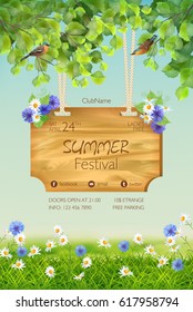 Vector Summer Landscape With Signboard, Two Birds, Grass, Flowers, Tree Branches. Usable For Any Kind Of Spring Or Summer Event, Party, Concert, Festival Poster Or Flyer Template