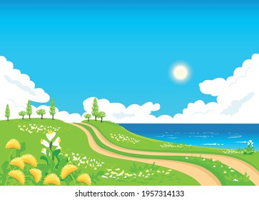 Vector summer landscape in a simple flat style with a road going through a blooming meadow along the sea