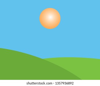 vector summer landscape, sun, blue sky and open field.