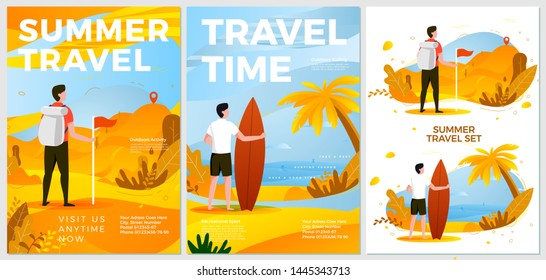 Vector summer leisure posters set - hiking and surfing man. Mountains, ocean, palm and sand on background. Print template with place for your text.