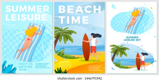 Vector summer leisure posters set - woman in pool and on beach with surf. Ocean, palm and sand on background. Print template with place for your text.