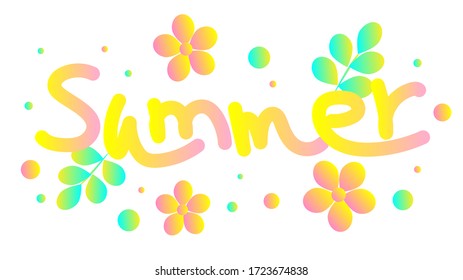 vector summer lettering with green leaves and flowers isolated on white background
