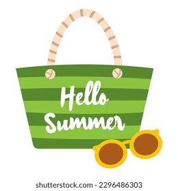 Vector Sommer-Schrift Hallo Sommer und Strand-Tasche mit Sonnenbrille. Vektorsommer-Illustration auf flachem Design. Banner-Design mit Hello Summer Text. Design für Strandurlaub.