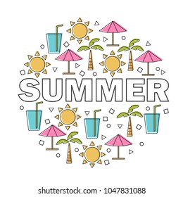 Vector summer lettering with linear icons and signs travel and vacation concept