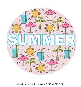 Vector summer lettering with linear icons and signs travel and vacation concept