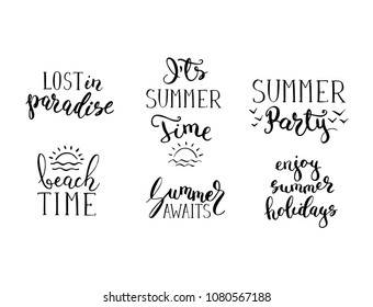 Vector summer lettering phrases set for posters and cards isolated on white background. Typographic hand drawn writings, design elements and logo