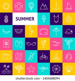 Vector Summer Line Icons. Thin Outline Fashion Symbols over Colorful Squares.