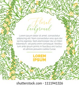 Vector summer linear floral background. Agrimony. Outline tiny yellow flowers and green pinnate leaves on white background. There is copy space for your text in the center.