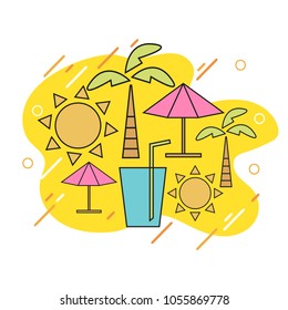 Vector summer with linear icons and signs - travel and vacation funny cartoon concept