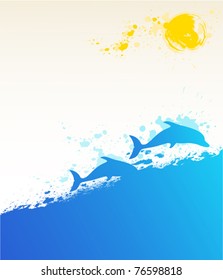 vector summer marine background with dolphins and sun