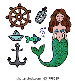 Vector summer marine set: helm, mermaid, anchor, bottle, fish, paper boat. Colorful image, outline, trendy. Cartoon style, tattoo. Image for postcard, decor, poster, stickers, print.
