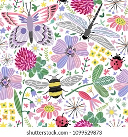 Vector summer meadow seamless pattern. Flowers, butterfly, dragonfly