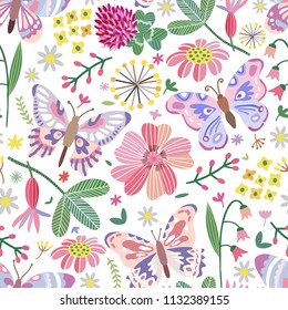 Vector summer meadow seamless pattern. Flowers, butterfly