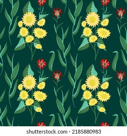 Vector - summer meadow seamless pattern with leaves, sunflowers and cornflowers.